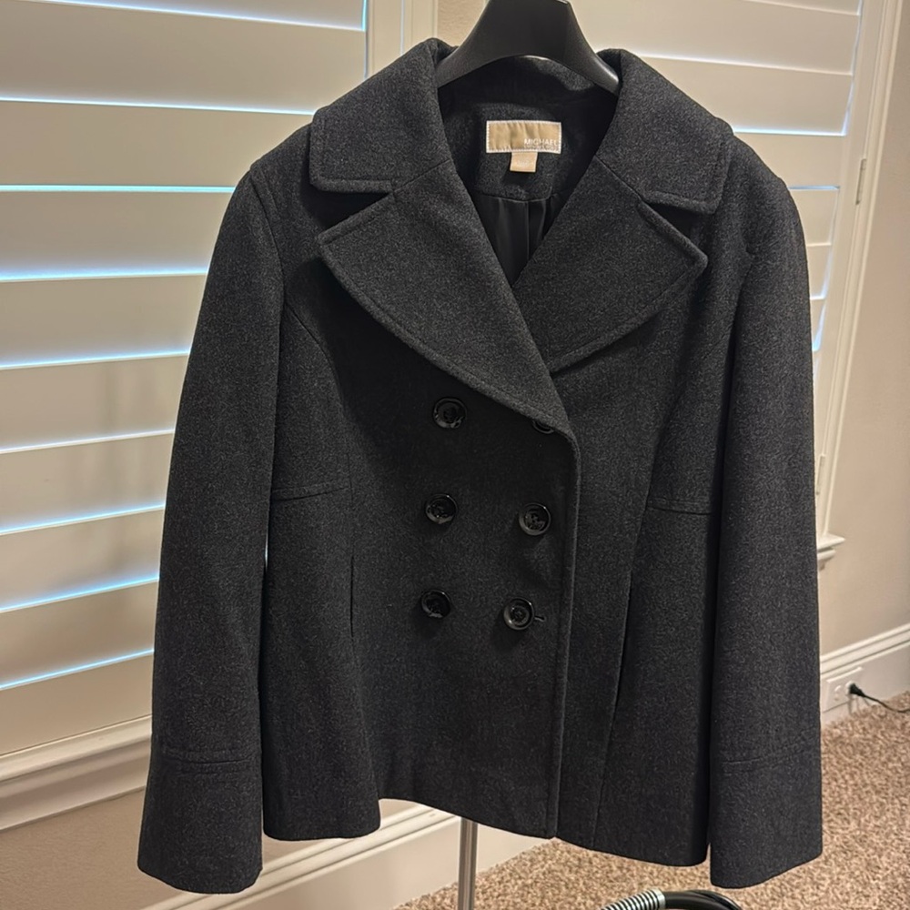 MICHAEL KORS Womens Pea Coat Wool Blend Double Breasted dark Gray Sz XL EUC
